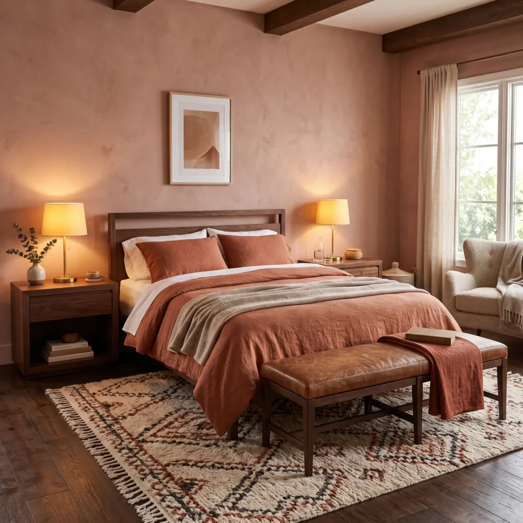 Warm bedroom design with clay dusty pink walls, dark walnut furniture, and terracotta linen bedding.