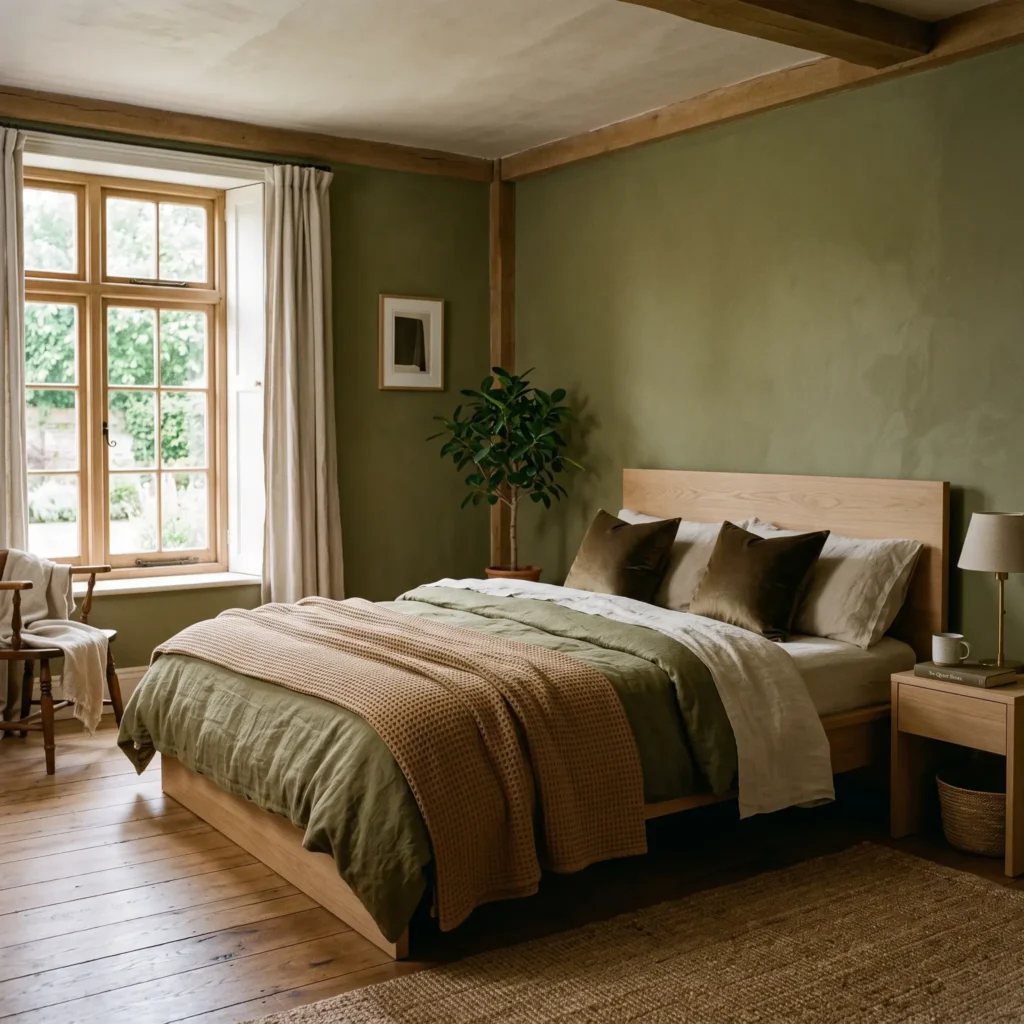 Layered flax linen bedding and camel waffle throw on an oak bed against muted olive walls.