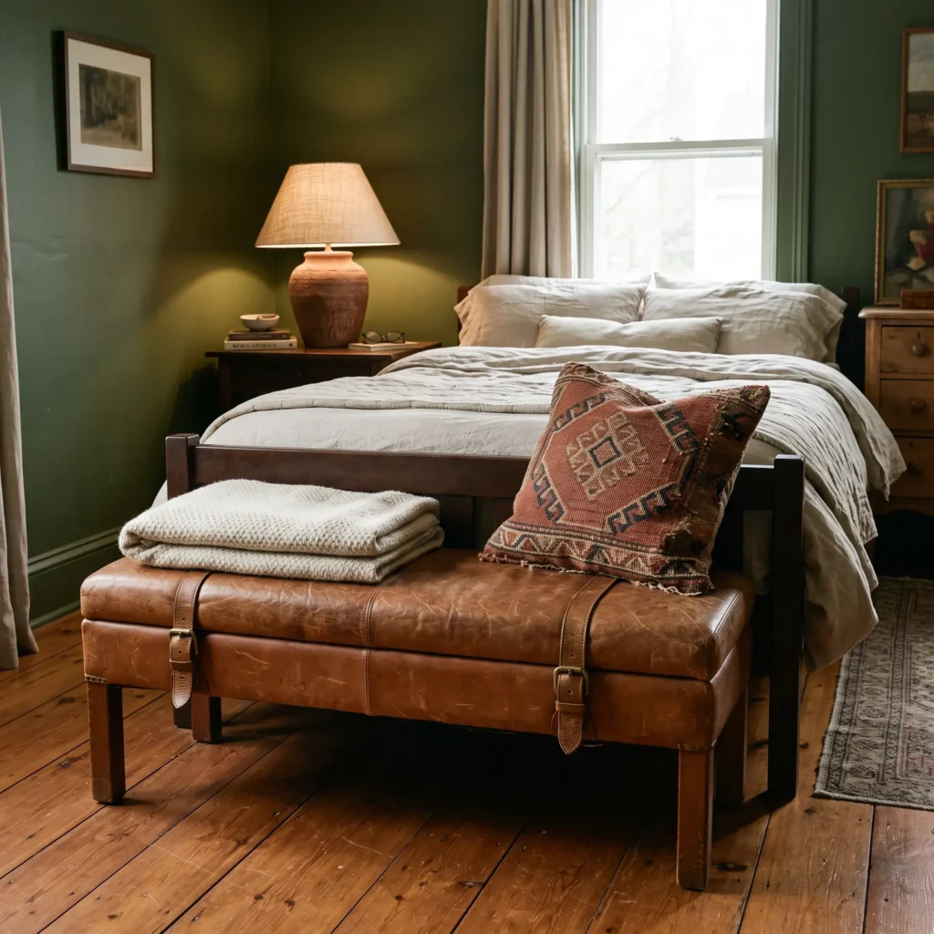 Earthy olive bedroom anchored by a cognac leather bench and rustic terracotta bedside lamps.