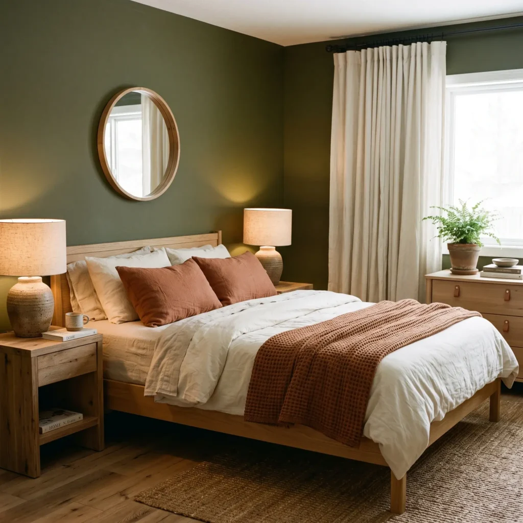 Earthy olive green bedroom with Sherwin-Williams Ripe Olive paint, terracotta linen accent pillows, and unbleached cream curtains.
