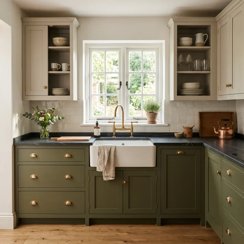 Cottage kitchen with soft putty upper cabinets, dark olive green base units, and unlacquered brass hardware.