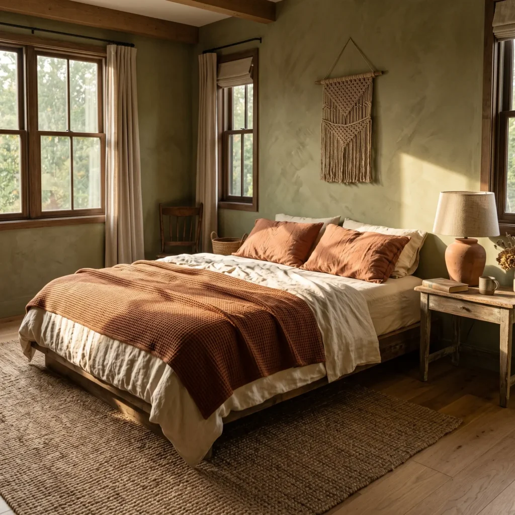 Earthy bedroom setting combining olive green painted walls with terracotta linen pillows and a chunky jute rug.