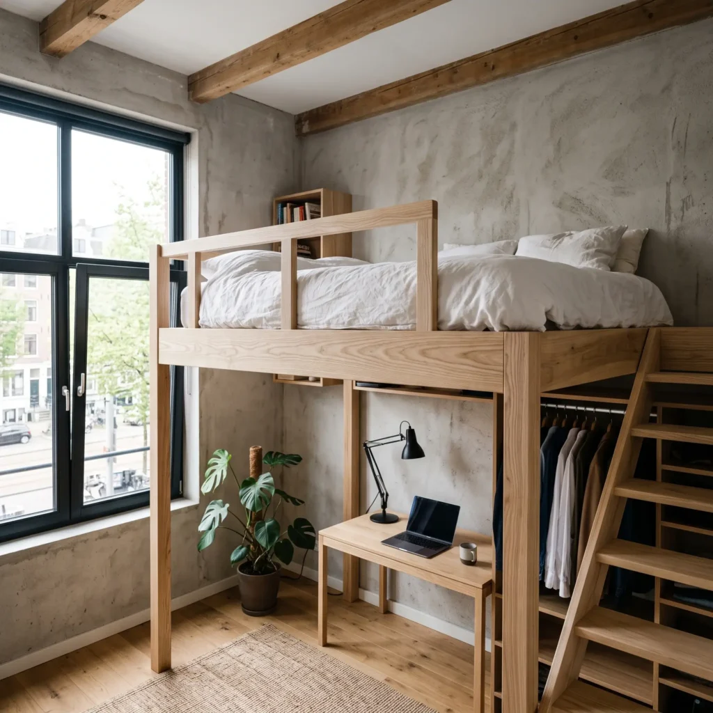 Built-in modern timber loft bed with a functional study desk and built-in closet underneath in a tiny bedroom.