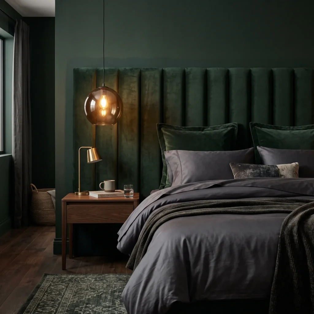 Contemporary dark green bedroom with emerald walls, channel tufted forest green velvet headboard, and smoked glass pendants.