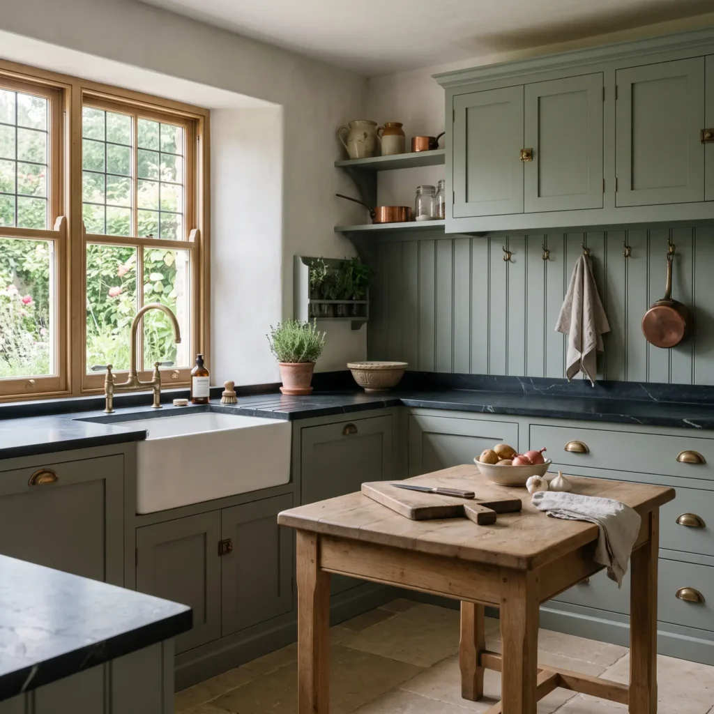 Inset Shaker kitchen cabinets painted Farrow and Ball Green Smoke with honed black soapstone counters and aged brass hardware.