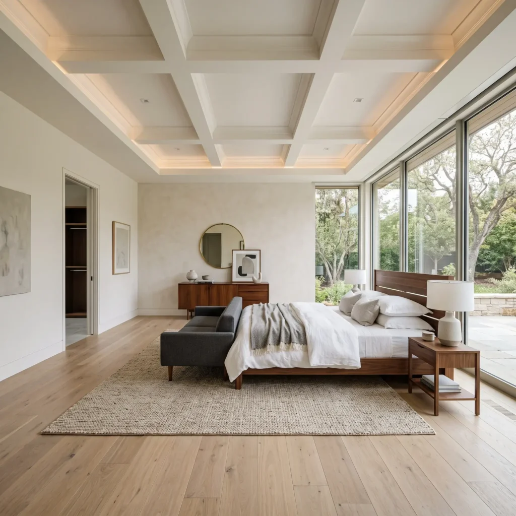 Executive 16x20 master bedroom suite layout with a California king walnut bed and a dark charcoal settee at the footboard.