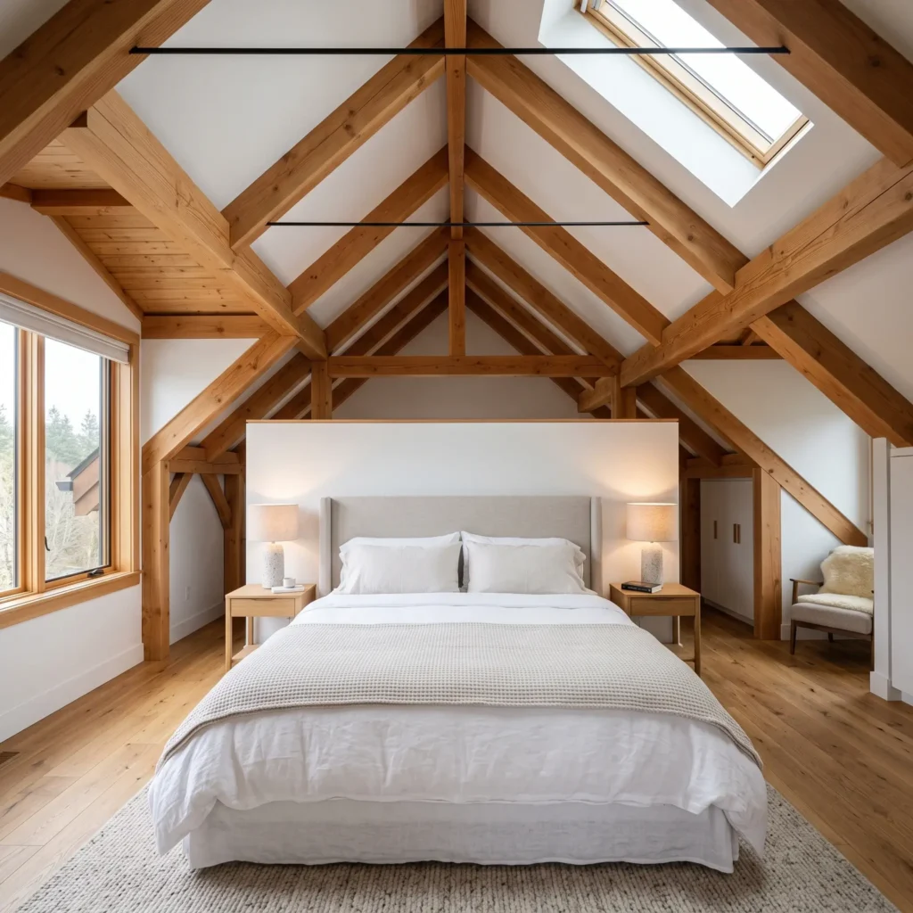 King bed positioned beneath the central roof ridge of an attic bedroom with exposed timber collar ties and white walls.