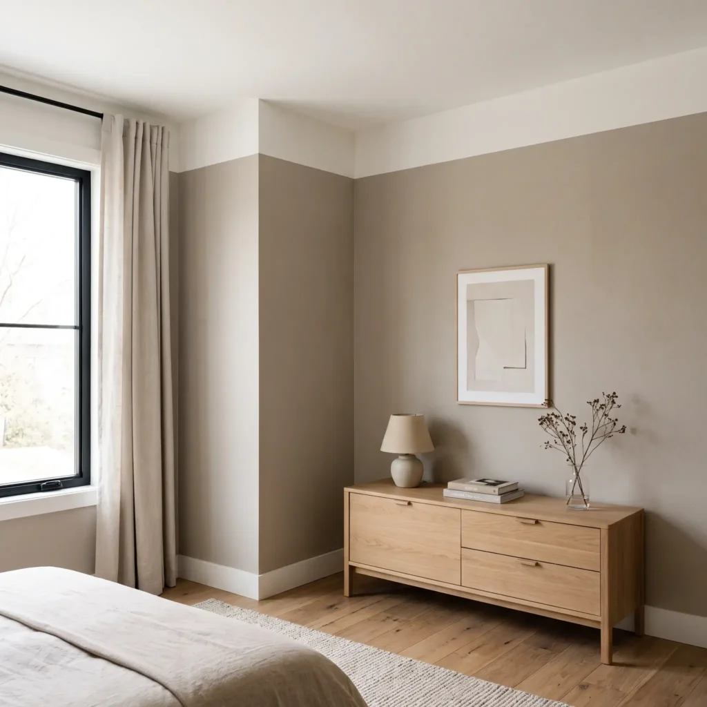 High-reflectance white ceiling paint dropped eight inches onto soft beige bedroom walls.