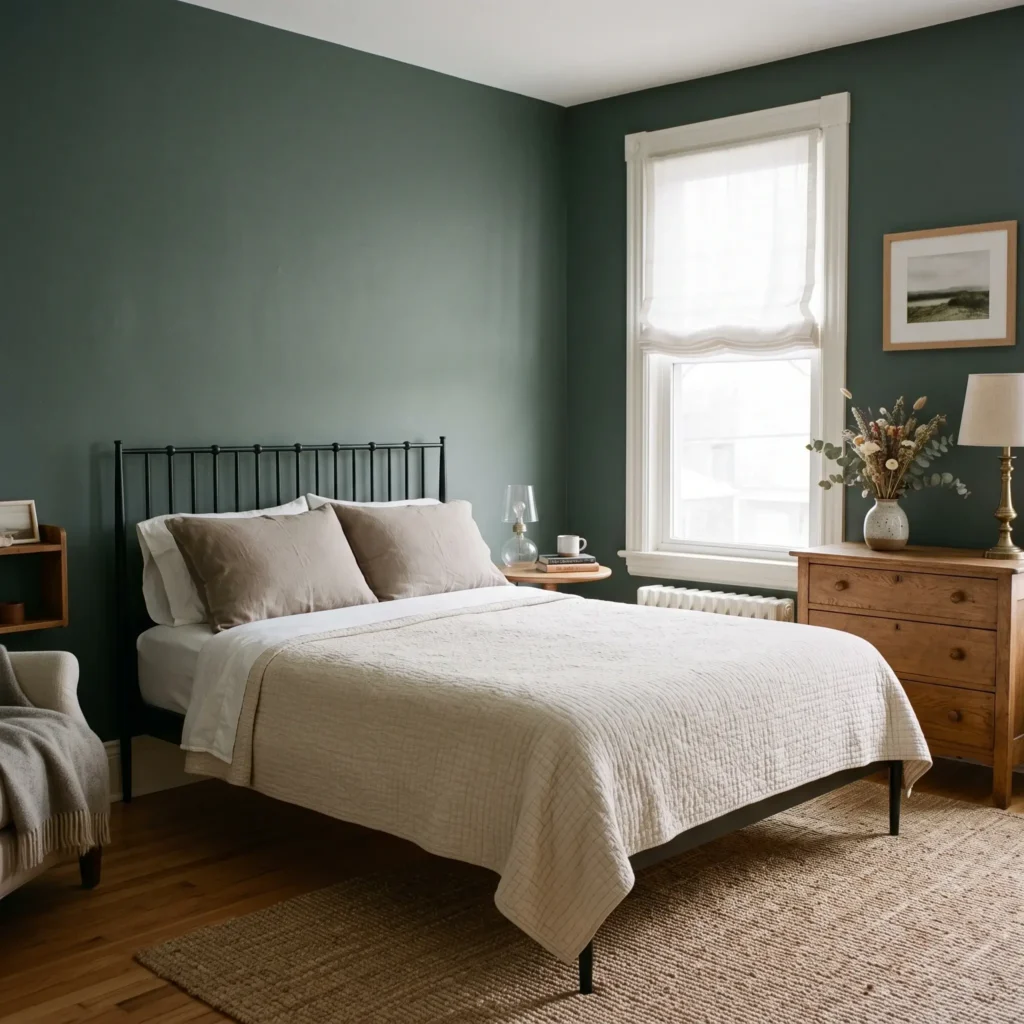 Transitional bedroom painted in Farrow & Ball Green Smoke with soft white trim and a black iron farmhouse bed.