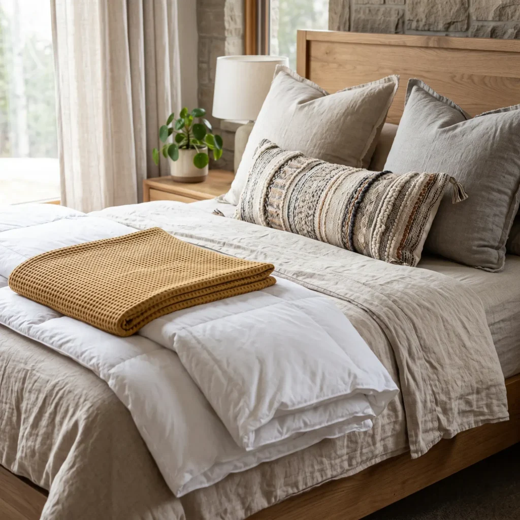 Five-tier bedding setup featuring linen sheets, a waffle blanket, folded down duvet, and European shams.