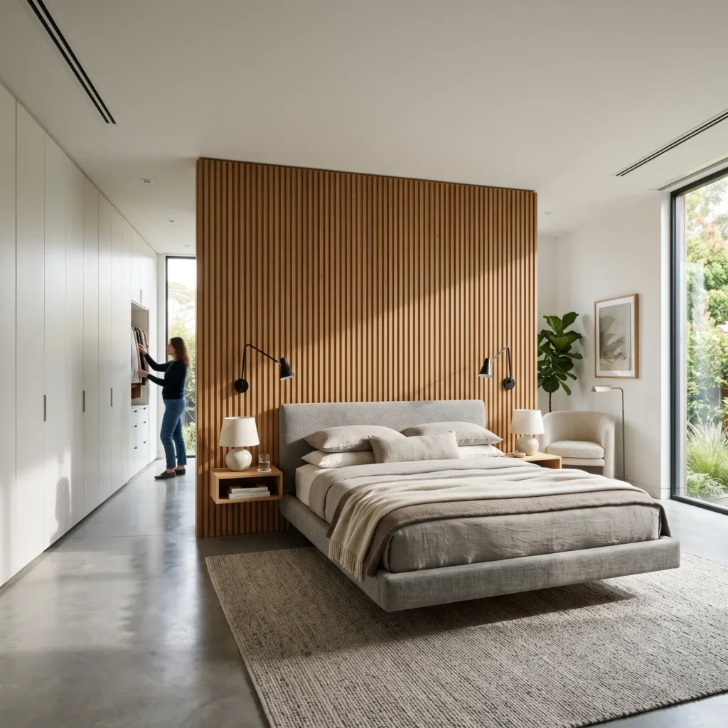 Bedroom with a centrally positioned floating bed backed by a timber partition wall that hides a walk-in wardrobe corridor.