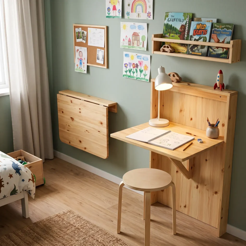 Wall-mounted wooden drop-leaf desk folded open with a task chair in a small kids bedroom, leaving floor space clear.