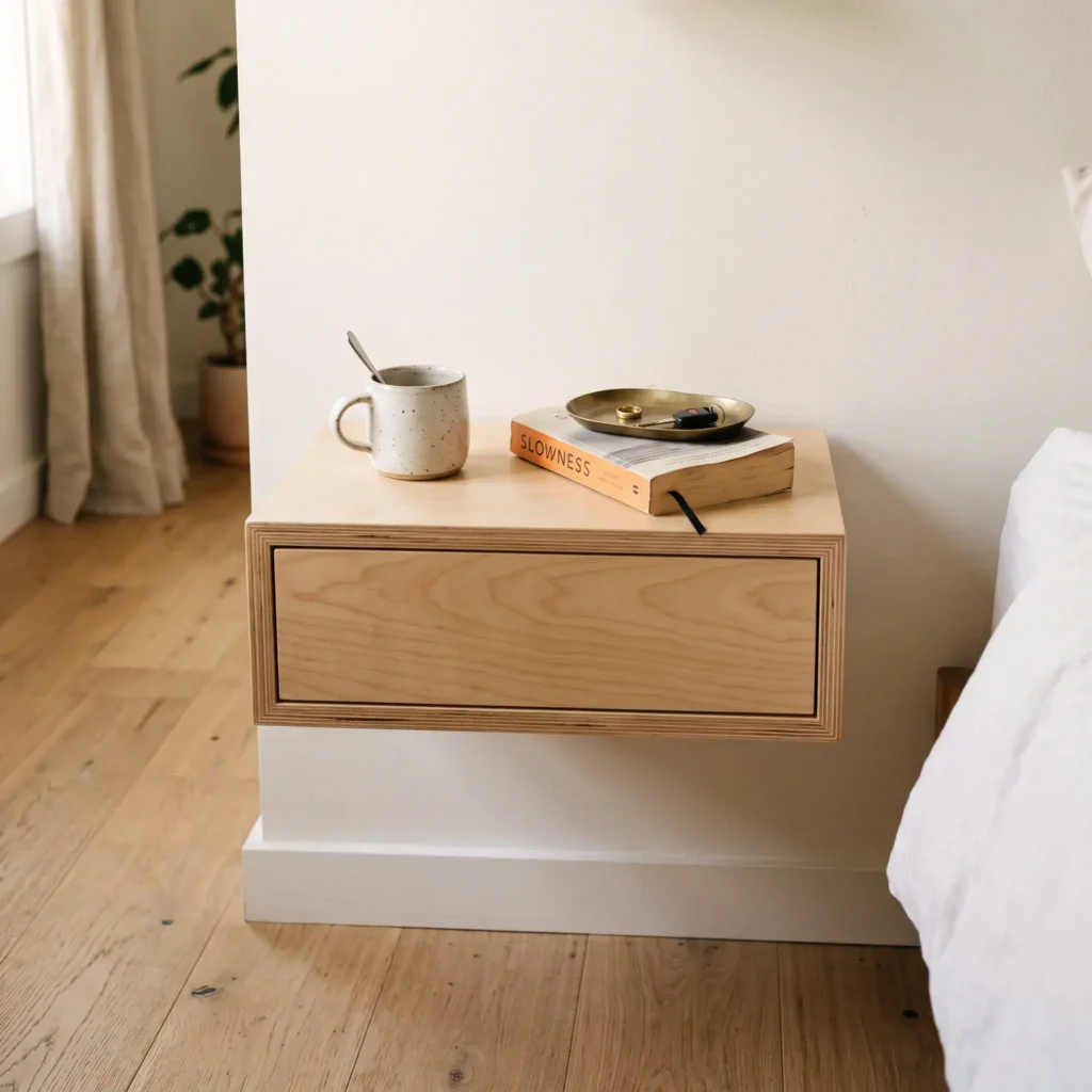 Minimalist Baltic birch floating nightstand mounted flush to the wall above light hardwood floors.