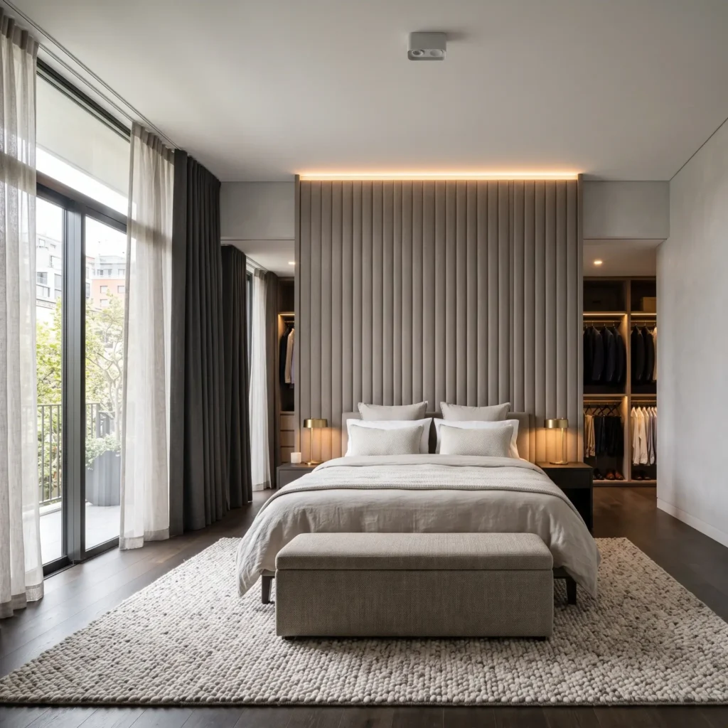 Master bedroom layout with a floating custom headboard partition creating a private dressing area behind the bed.