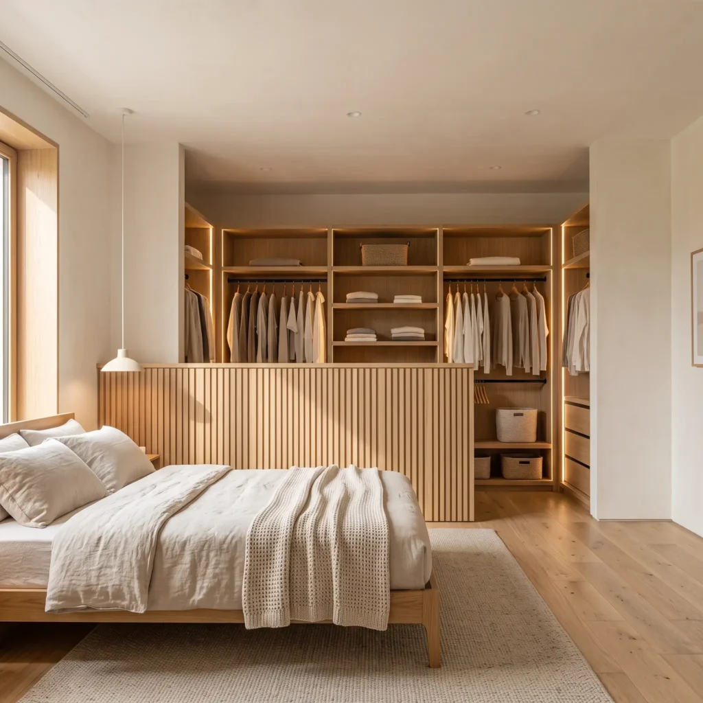 Low architectural headboard wall dividing a bedroom sleeping zone from a hidden wardrobe aisle.