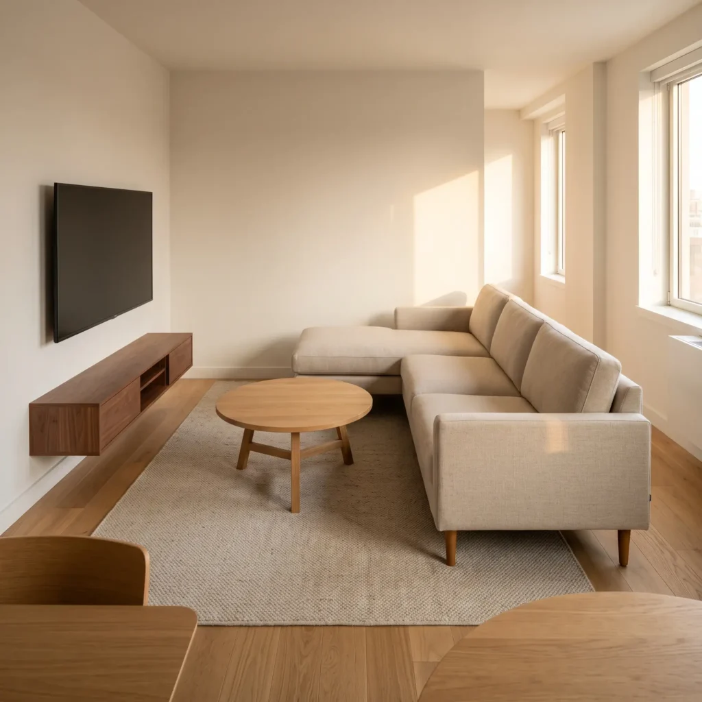 Architectural photo of a small living room with a 76-inch beige chaise sectional floating to divide living and dining areas.