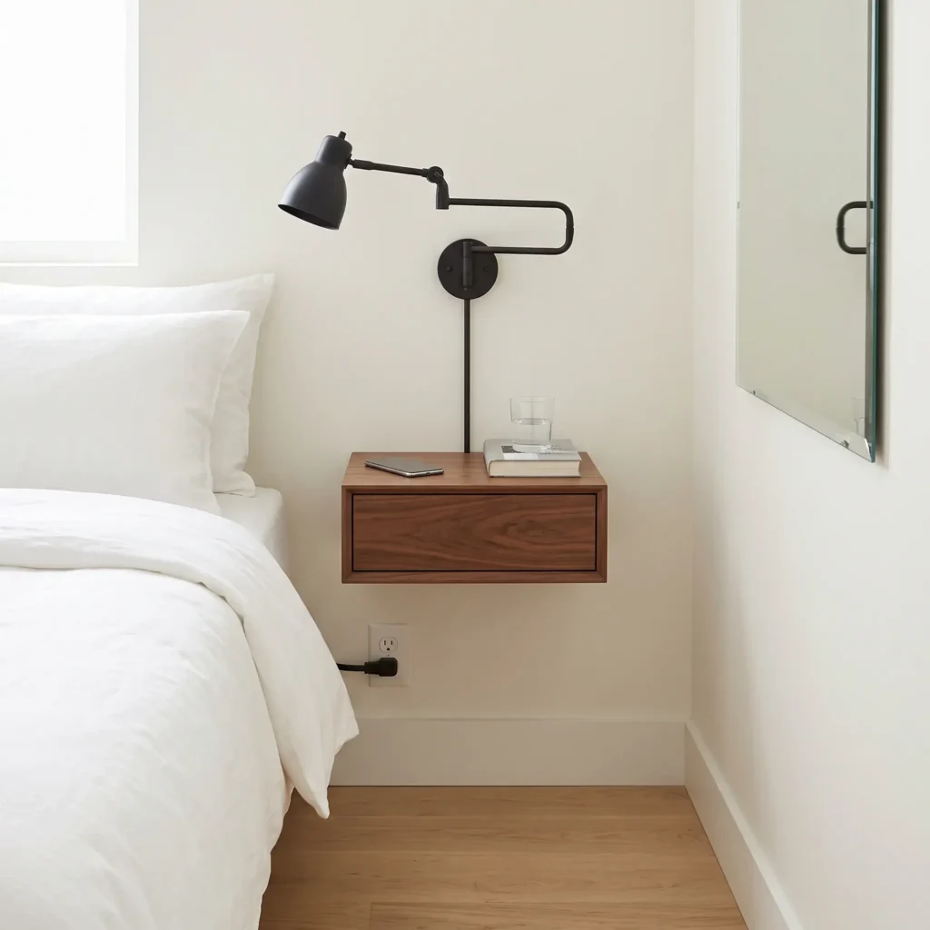 Wall-mounted floating nightstand drawer with an articulated bedside wall sconce above it.