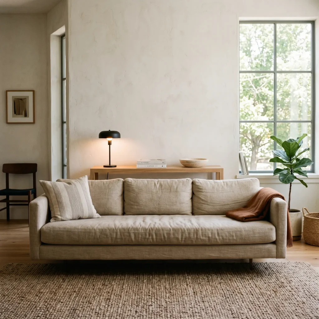 Floating linen sofa with a slim oak console table styled with a black lamp and stone bowl.
