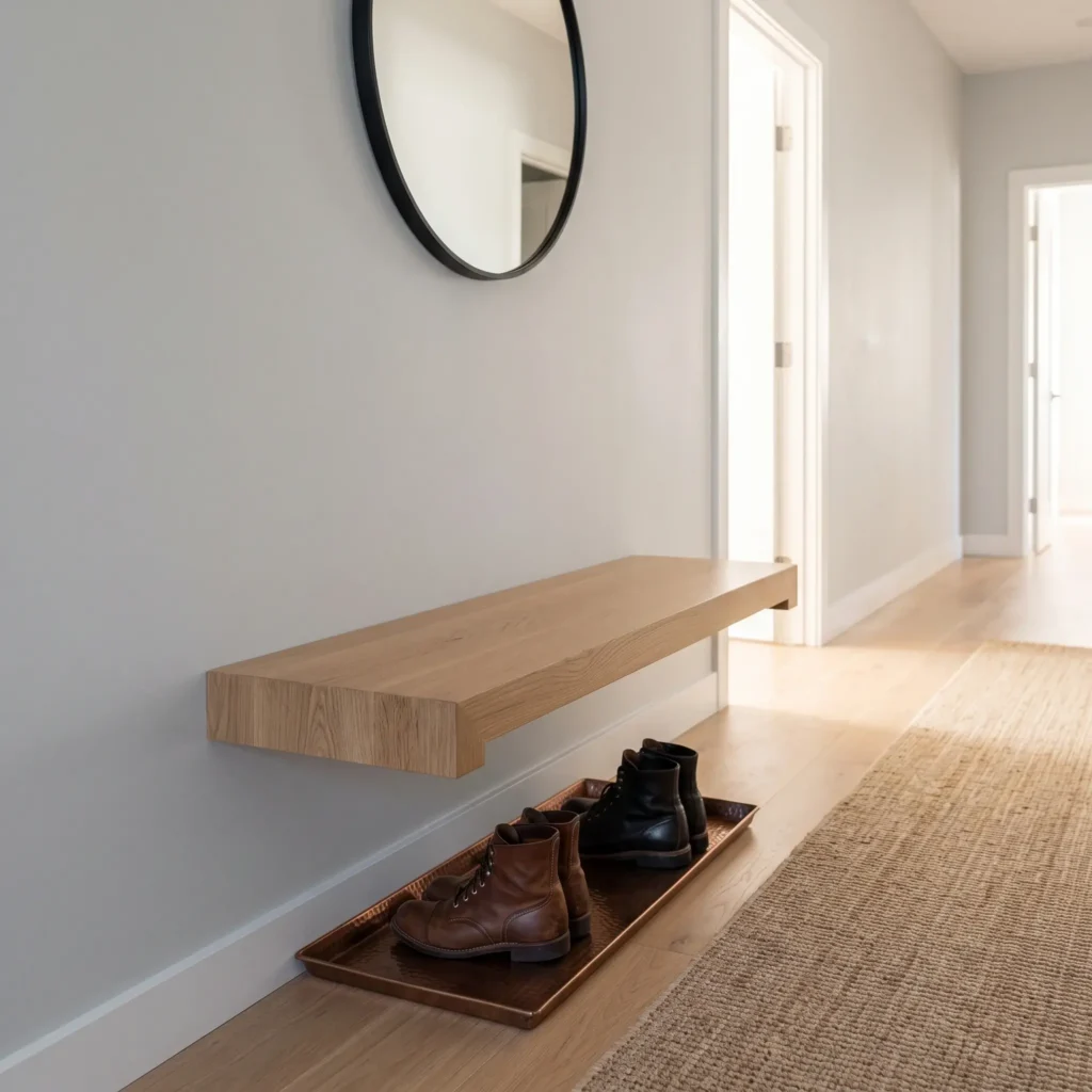 floating white oak entryway bench mounted on a white wall in a narrow hallway with a circular black metal mirror.