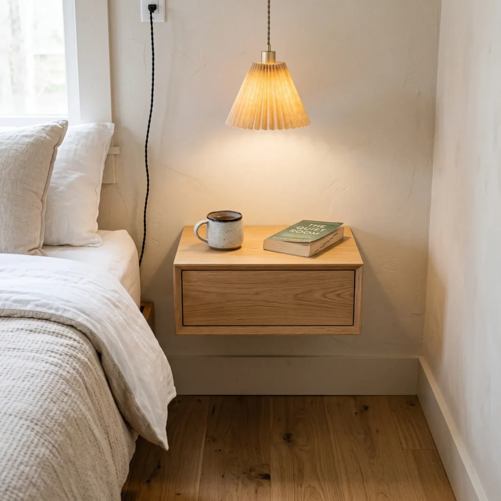 Wall-mounted white oak floating nightstand with a single closed drawer and warm brass pendant light hanging above.