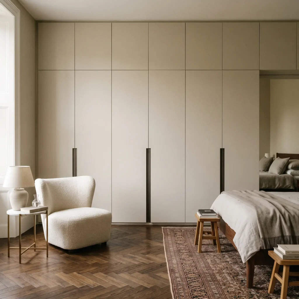 Floor-to-ceiling built-in bedroom wardrobe painted in wall color with integrated finger pulls.