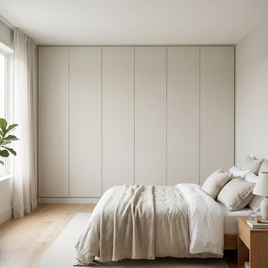 Custom built-in floor to ceiling wardrobe wall painted the same color as the bedroom walls with flush panels.