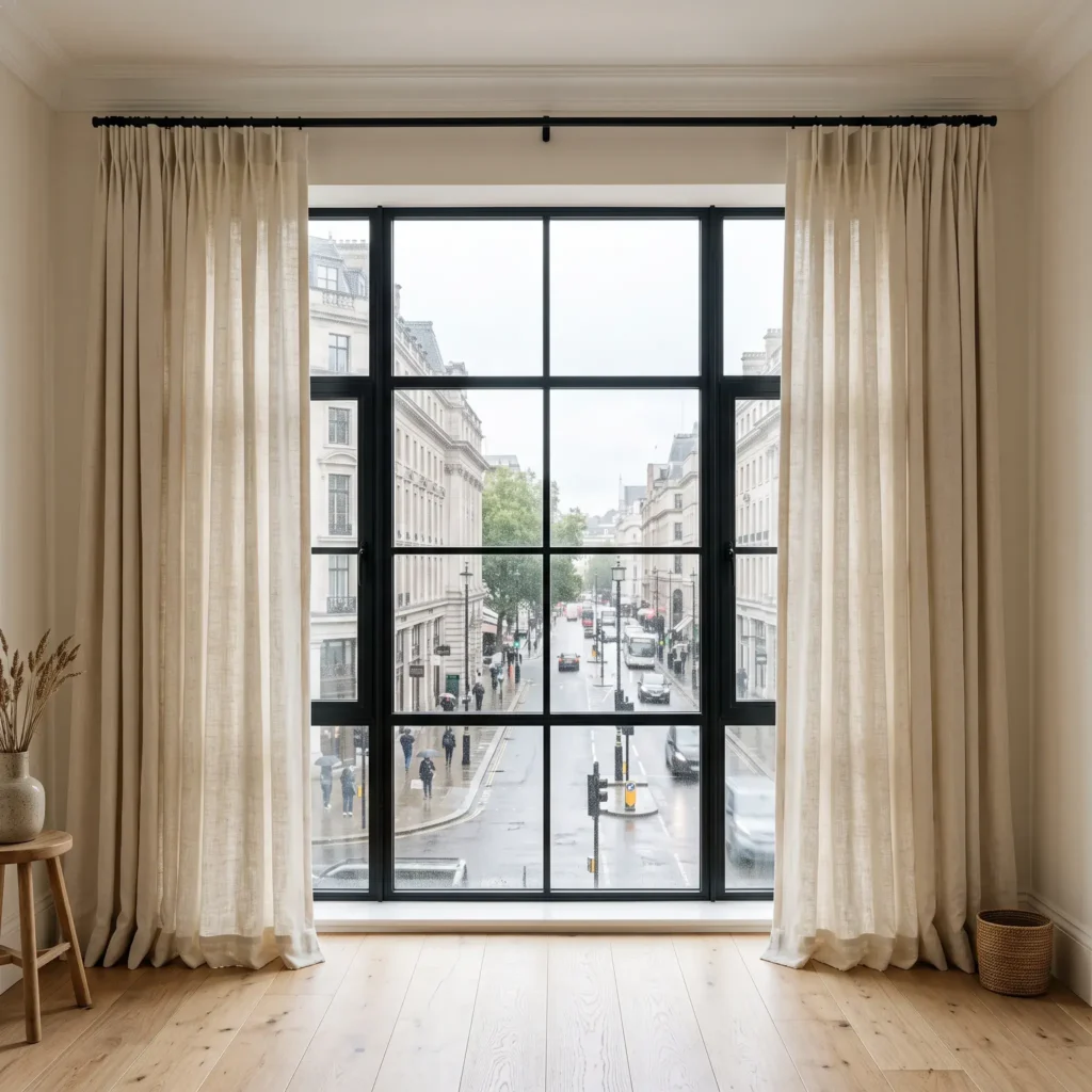 High hung textured linen curtain panels extending from ceiling to floor beside a large city window.