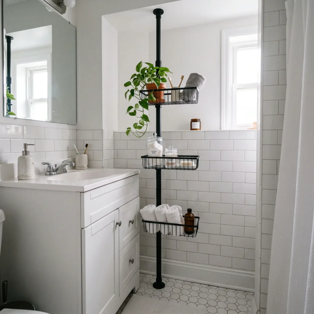 Floor-to-ceiling adjustable tension storage pole with wire baskets holding towels and toiletries in an awkward rental bathroom corner.