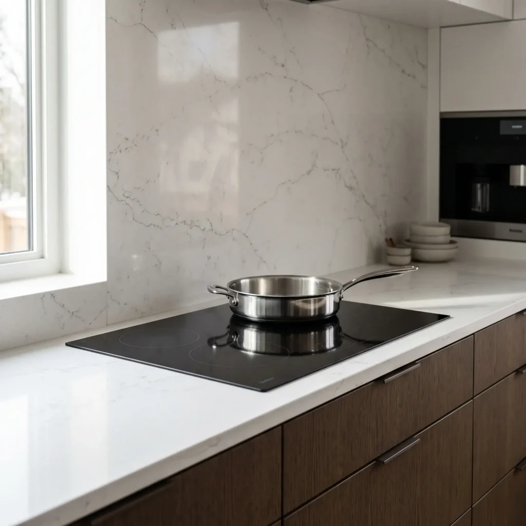 Flush-mounted induction cooktop set into a white engineered quartz countertop with a matching continuous slab backsplash.