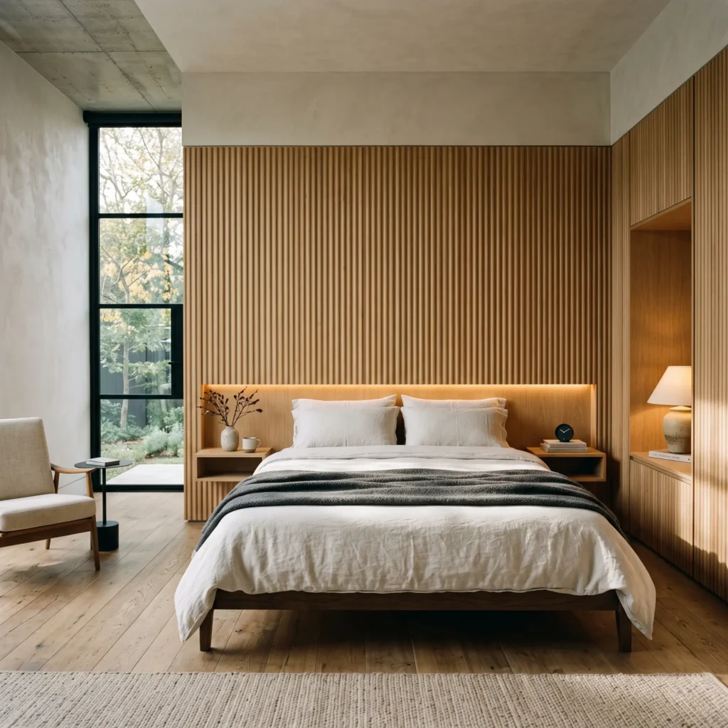 Low platform bed anchored by a full-width vertical fluted white oak headboard wall with floating bedside shelves.