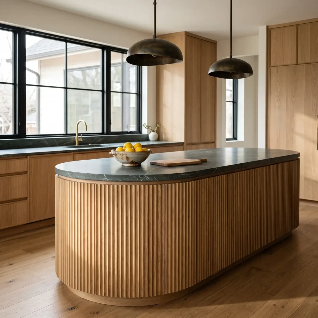 Kitchen island wrapped in vertical fluted white oak slats paired with dark honed soapstone countertops.