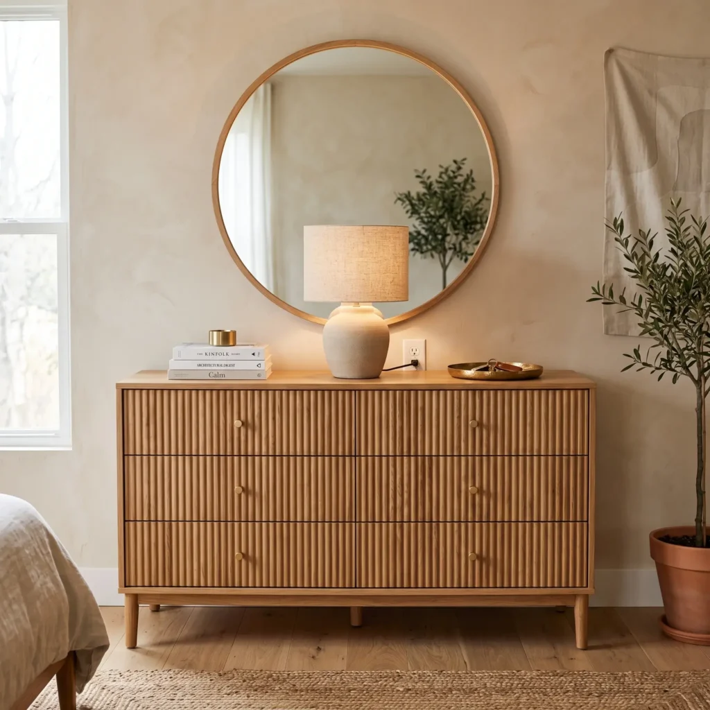Wide six-drawer dresser with reeded white oak drawer fronts and brushed brass knobs in a cozy bedroom.
