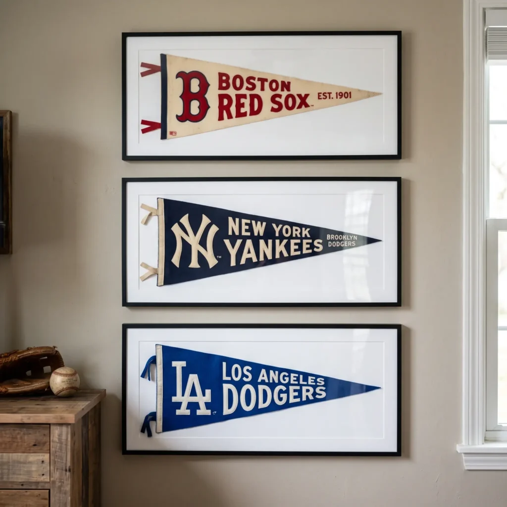 Three framed vintage wool baseball pennants displayed in a vertical gallery row on a boy's bedroom wall.