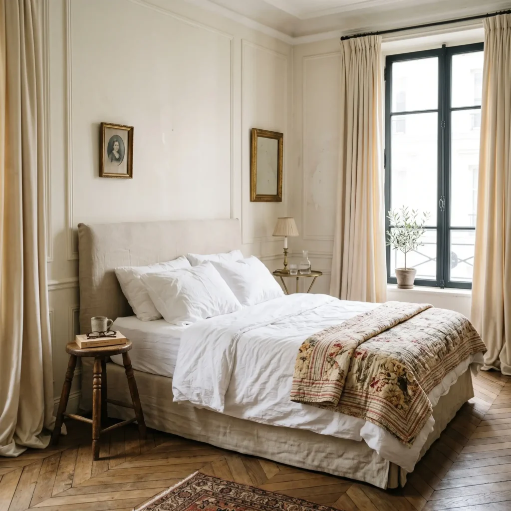 French minimalist bedroom layout with an offset bed, tall picture frame molding, and heavy floor-length curtains.