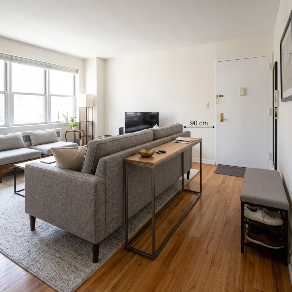 Living room layout without an entryway foyer, showing the back of a couch and console table creating a walkway from the front door.