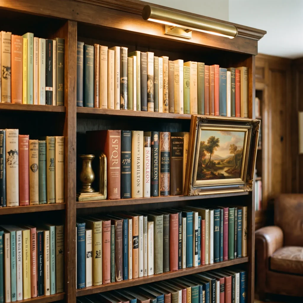 Full bookshelf styled for book lovers with dense hardcover runs, brass bookends, and a leaning framed oil painting.