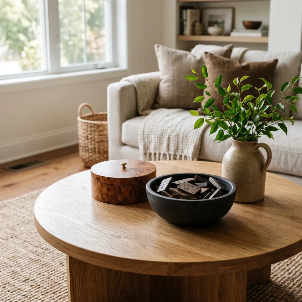  Round oak coffee table with a burl wood remote box, dark stoneware bowl, and ceramic jug with greenery.