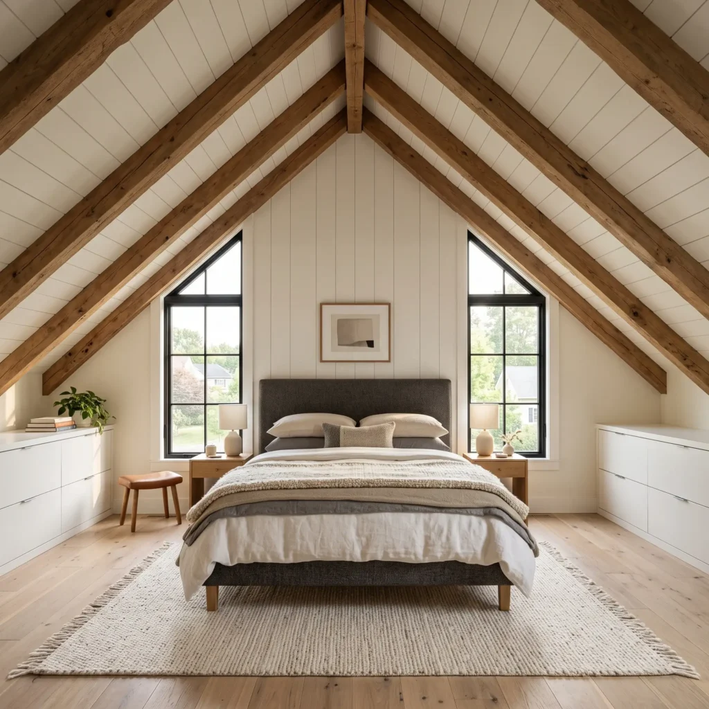 Symmetrical attic bedroom layout with a Queen bed placed against a flat gable wall flanked by sloped ceilings.