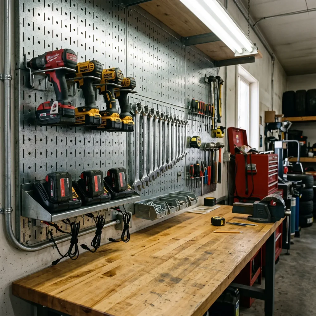 Industrial galvanized steel pegboard in a garage holding cordless drills, wrenches, and battery chargers.