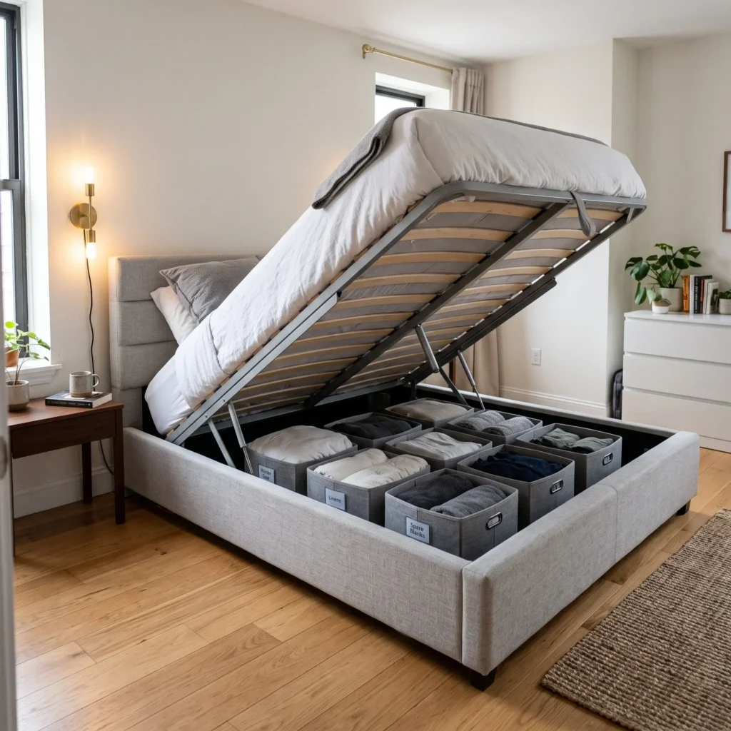 Modern bedroom showing a queen hydraulic platform bed raised to reveal organized under-bed storage bins.