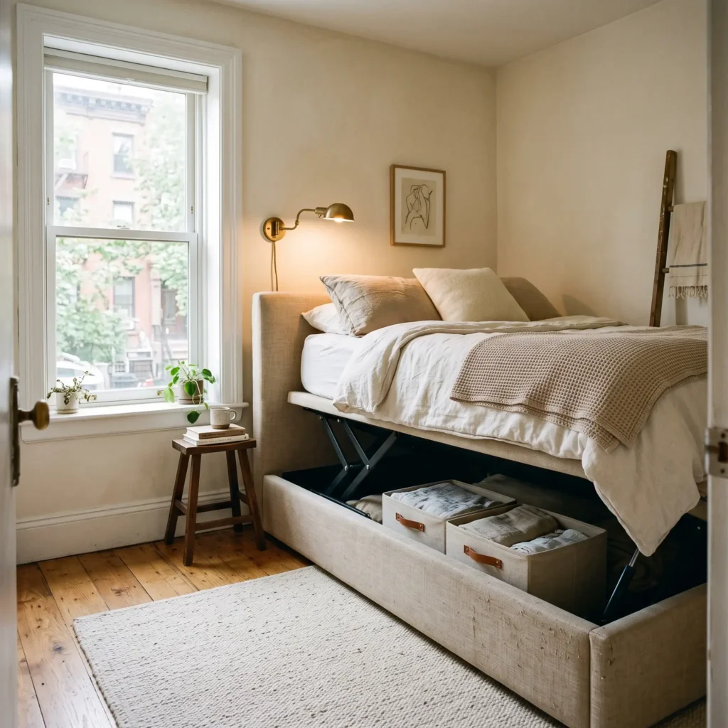 Full size hydraulic storage bed with platform lifted in an eight by ten foot bedroom.
