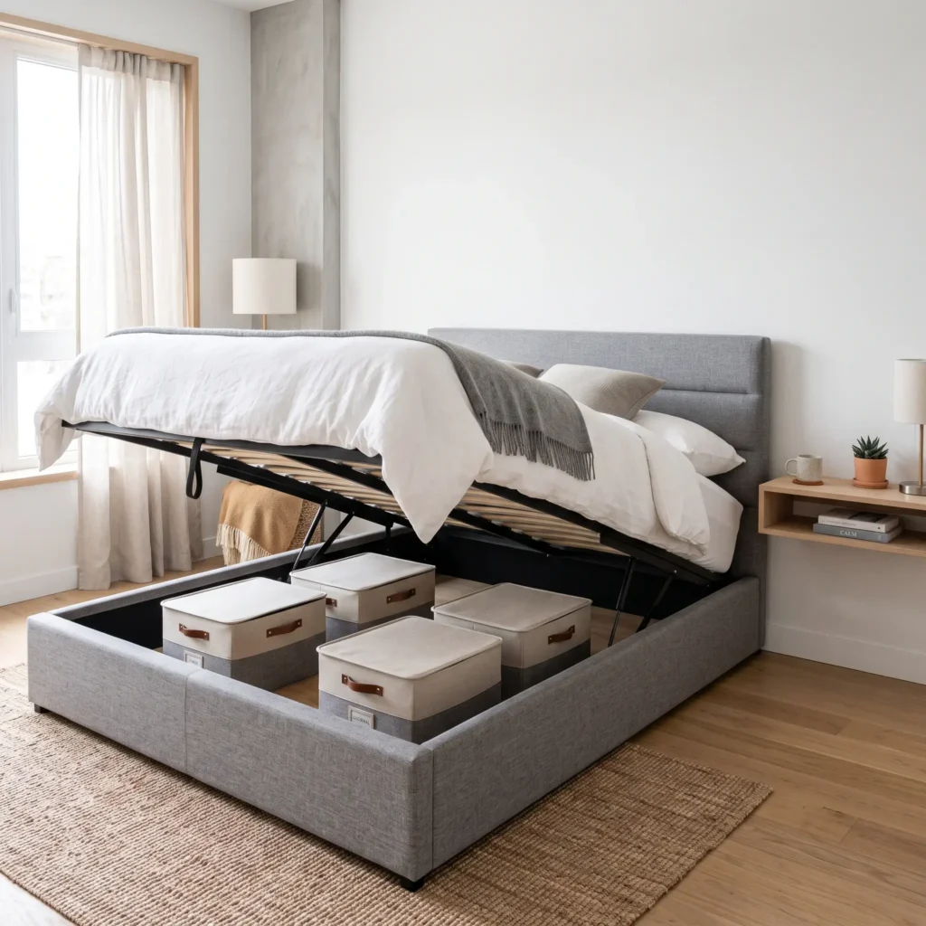 Hydraulic lift storage bed opened vertically to reveal under-mattress storage in a small bedroom.