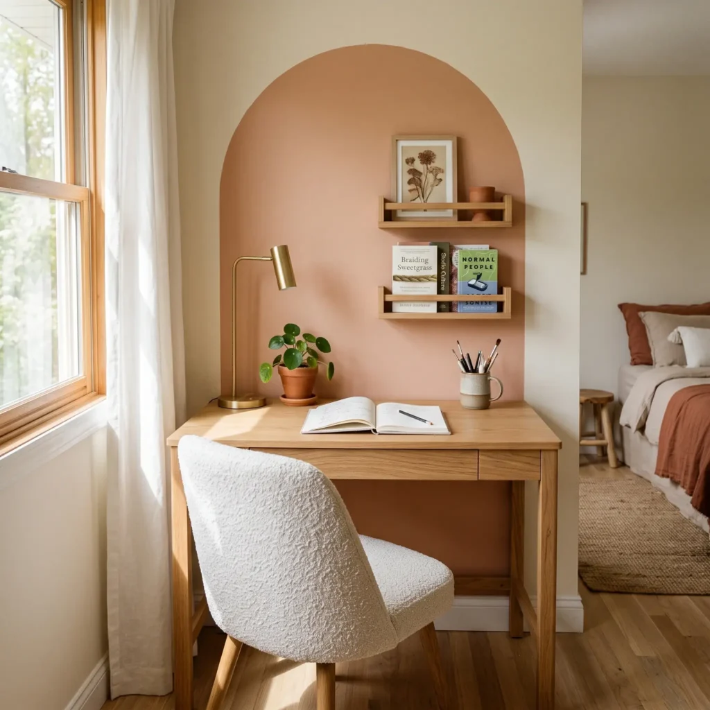 Painted clay-colored arch accent wall behind a modern oak desk in a girl's bedroom.