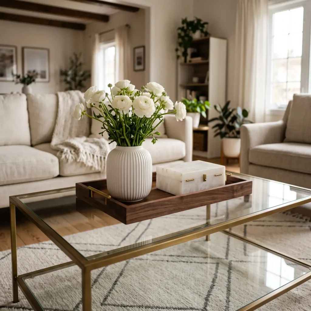 Glass coffee table styled with a dark walnut tray, white ceramic floral vase, and an alabaster box.