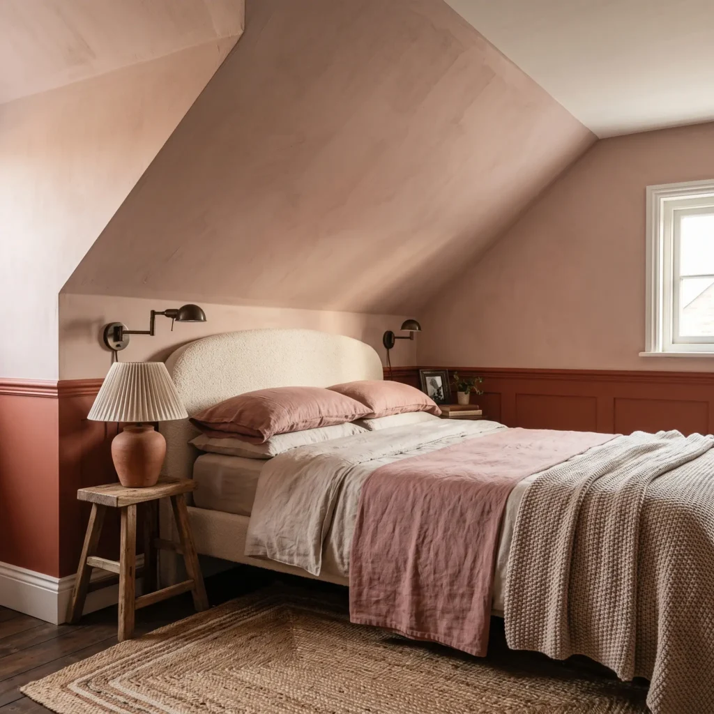  Small attic bedroom with sloped ceilings painted in Farrow and Ball Setting Plaster with bouclé headboard.