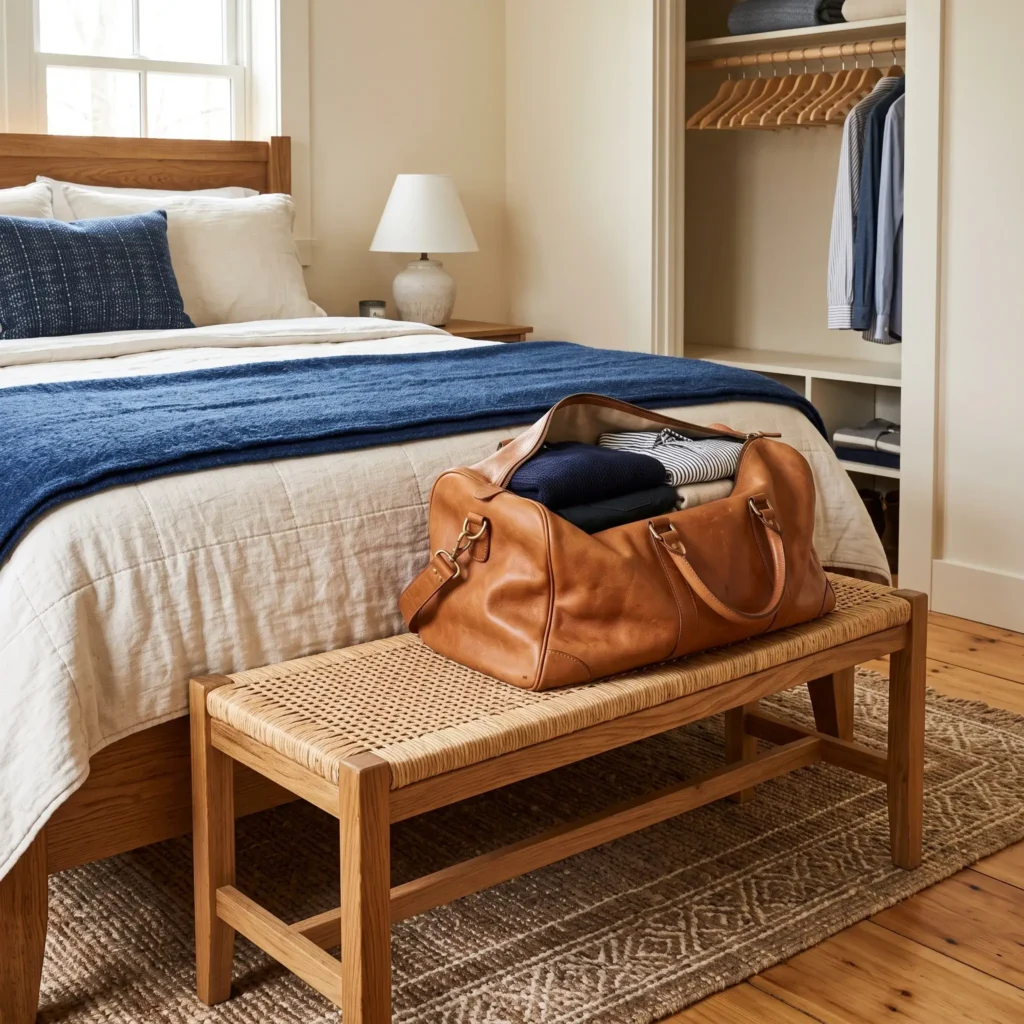 End-of-bed wooden luggage bench in a well-styled guest bedroom, keeping travel bags off the floor.