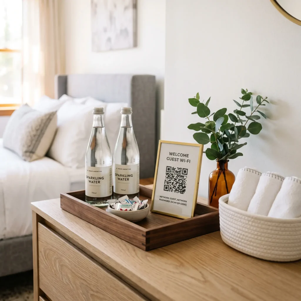 Dresser top in a guest room styled with a wooden welcome tray, bottled water, and a framed Wi-Fi QR code.