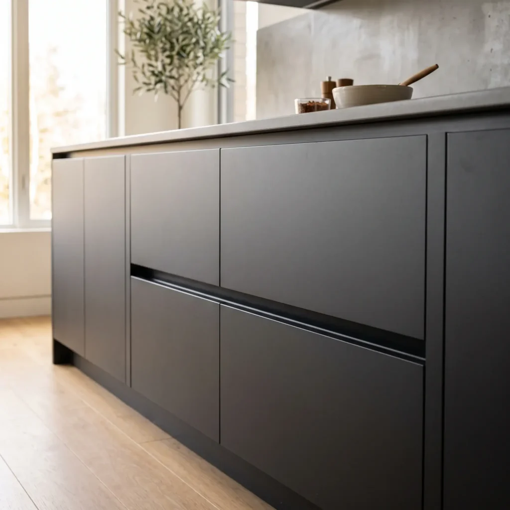 Minimalist lower kitchen cabinets featuring recessed matte black Gola aluminum channel rails instead of handles.