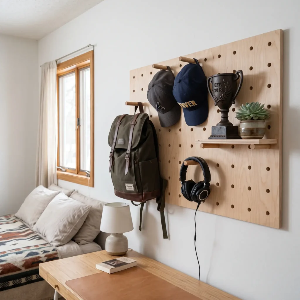 Modern birch pegboard with wood dowels holding baseball caps, headphones, and a trophy.