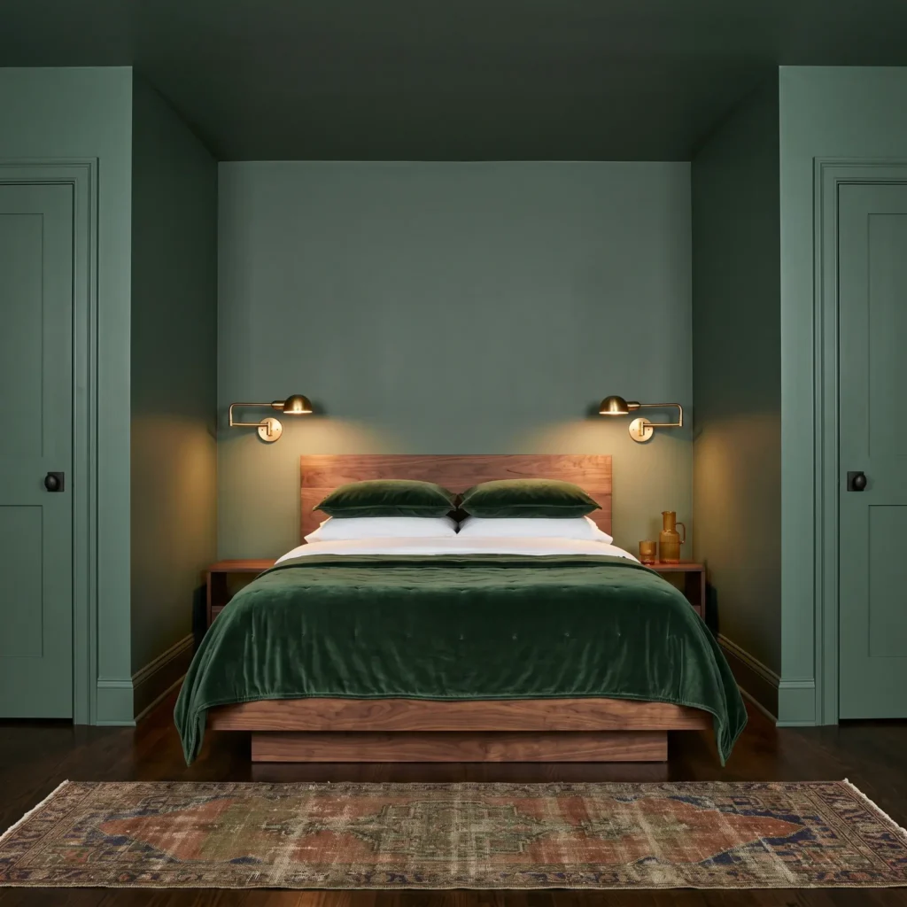 Small bedroom color drenched in Farrow and Ball Green Smoke with walnut bed and brass lighting.